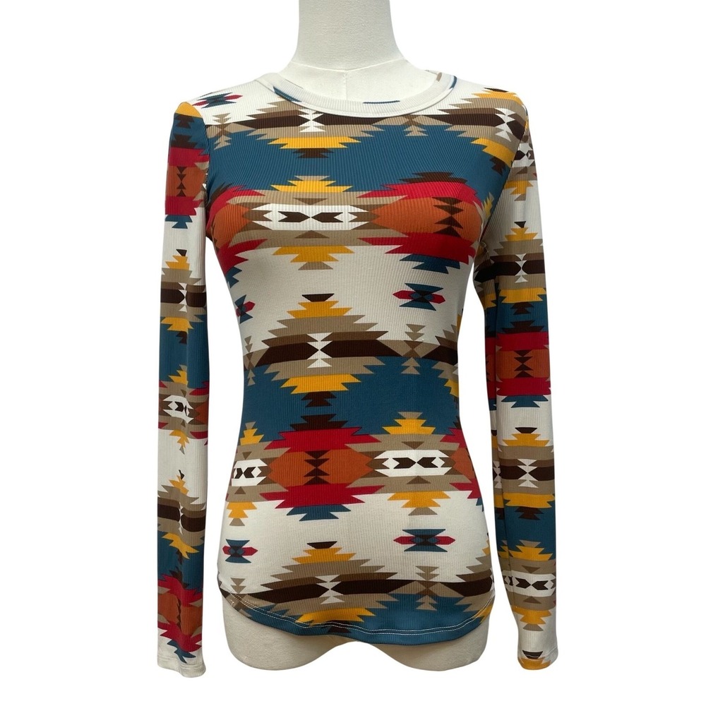 Western Aztec Print Fitted Top XS Ribbed Long Sleeve Southwest